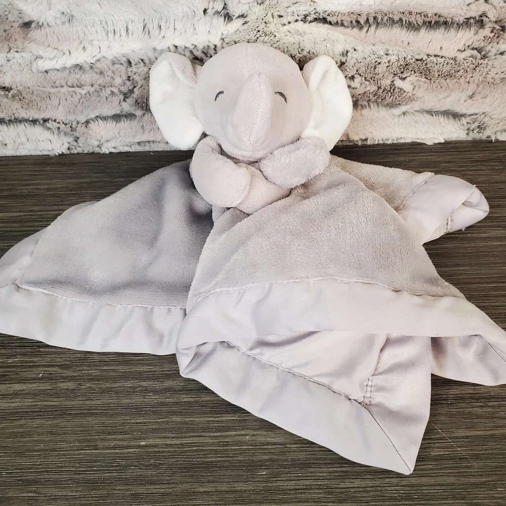 Carter's Gray Elephant Cuddle Plush Lovey Security Baby Blanket‎ Satin Back Trim